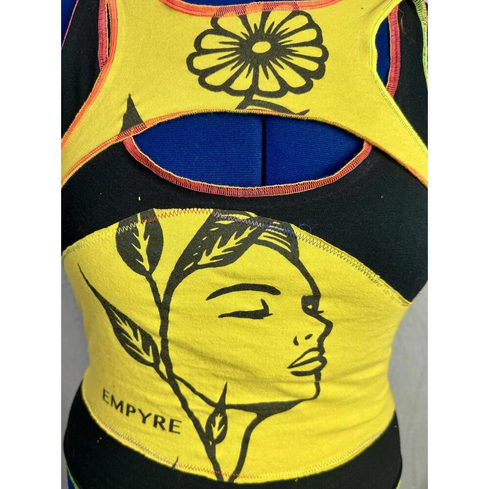 empyre sunflower cut out tank upcycled franken stitched crop top‎ bright yellow - Picture 2 of 4